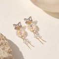 Pearl Bowknot Tassel Earrings, Aurora Crystal Dangle, French Balletcore Ribbon Jewelry