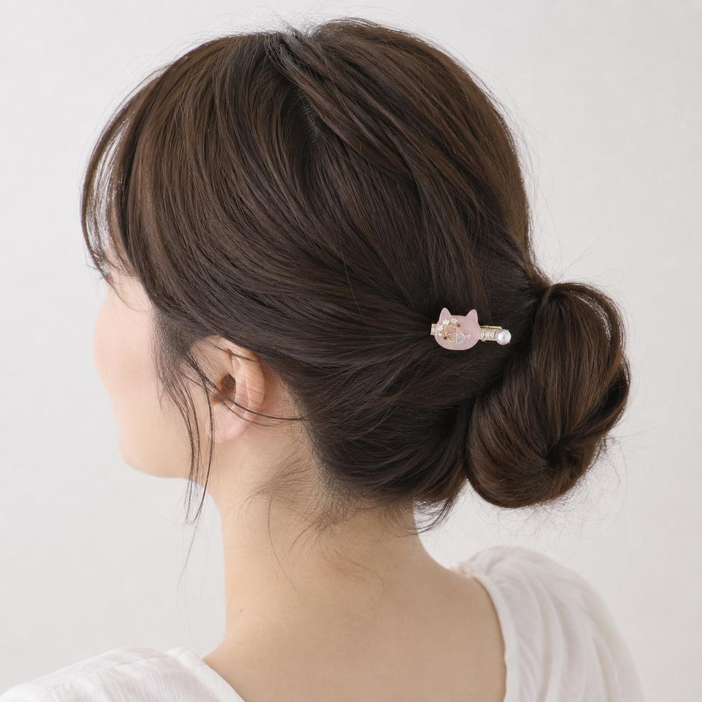 Pink Cat Resin Barrette, Baguette Crystal Hair Clip, Whimsical Kawaii Coquette Accessory