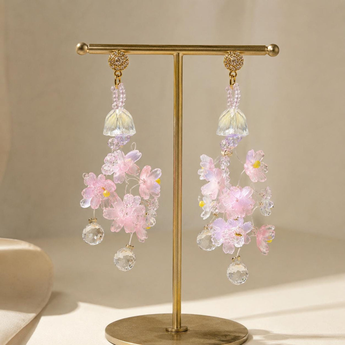 Pink Sakura Flower Dangle Earrings, 3D Acrylic Cherry Blossom Earrings, Fairycore Crystal Statement Earrings, Gift for Her