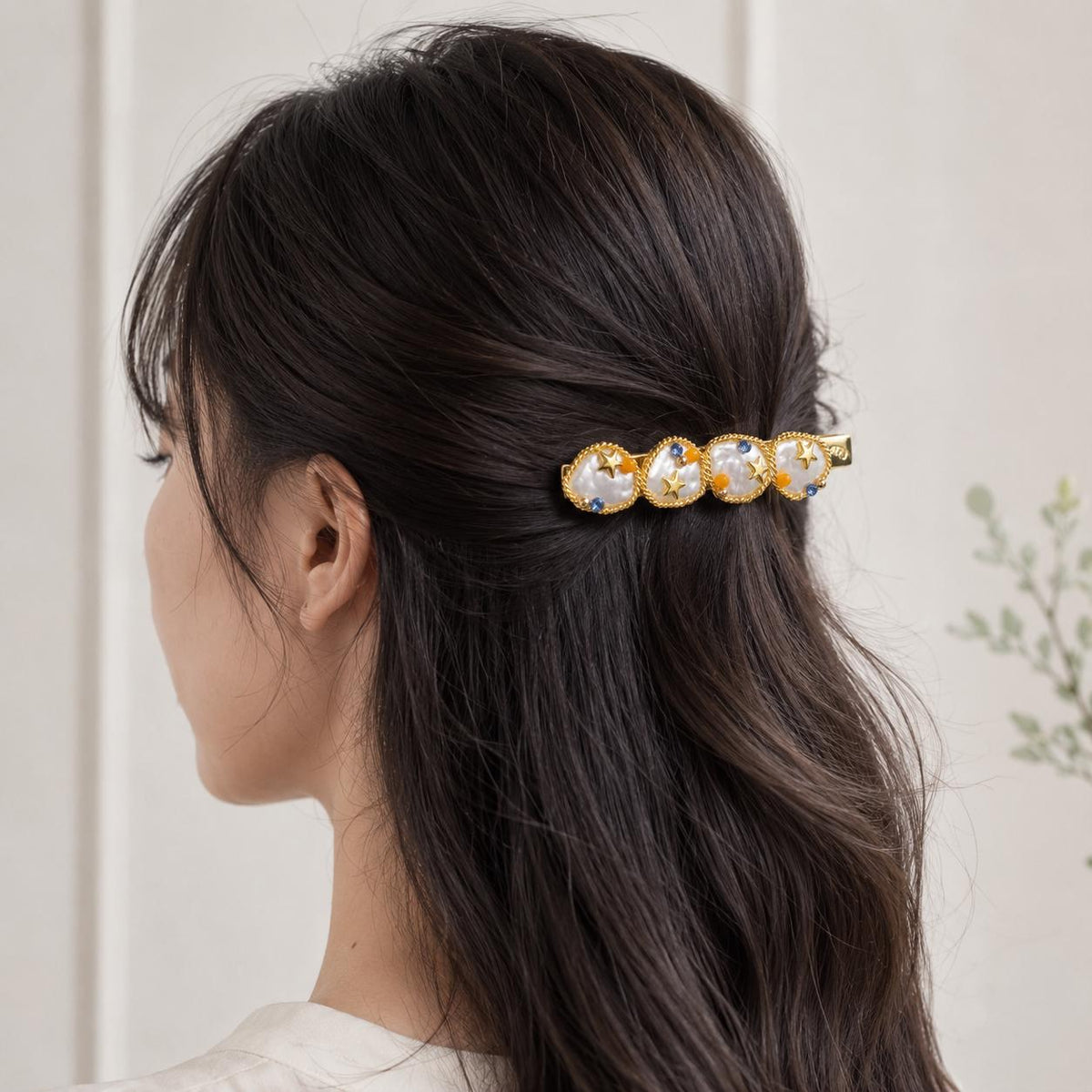 Baroque Pearl Star Hair Clip, Celestial Ocean Barrette, Orange Blue Crystal Mermaid Hair Accessory, Gift for Her