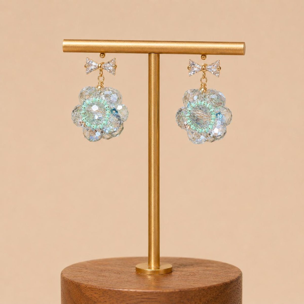 Ice Blue Beaded Blossom Earrings, Gold Bow Stud Earrings, Pastel Coquette Flower Dangles, Whimsical Statement Jewelry, Gift for Her