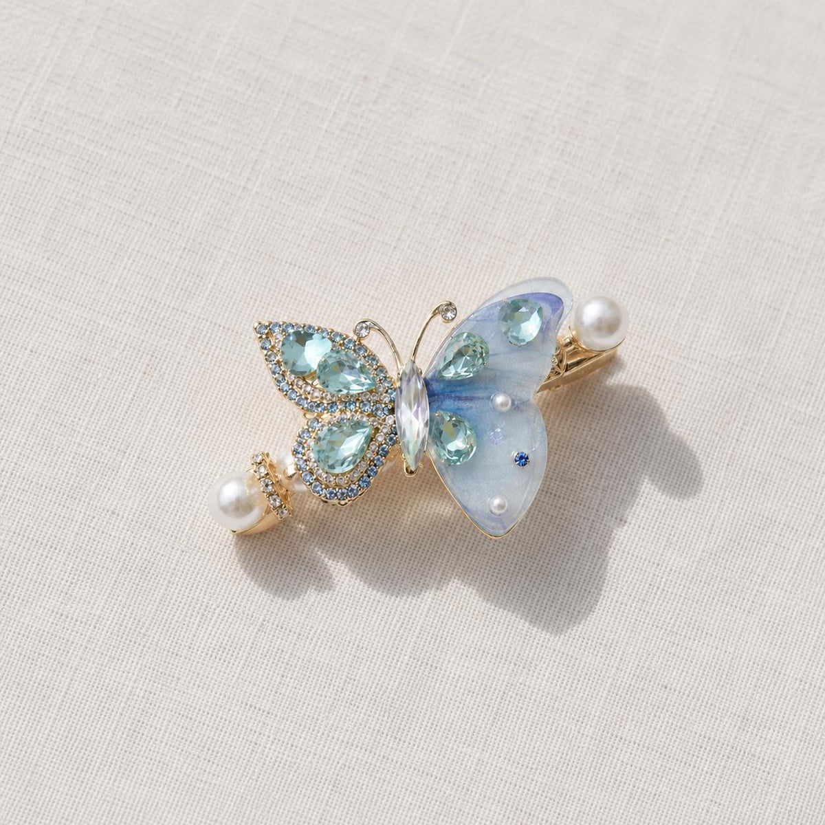 Pastel Blue Butterfly Hair Clip, Aquamarine Crystal Pearl Barrette, Elven Fairycore Mermaid Jewelry