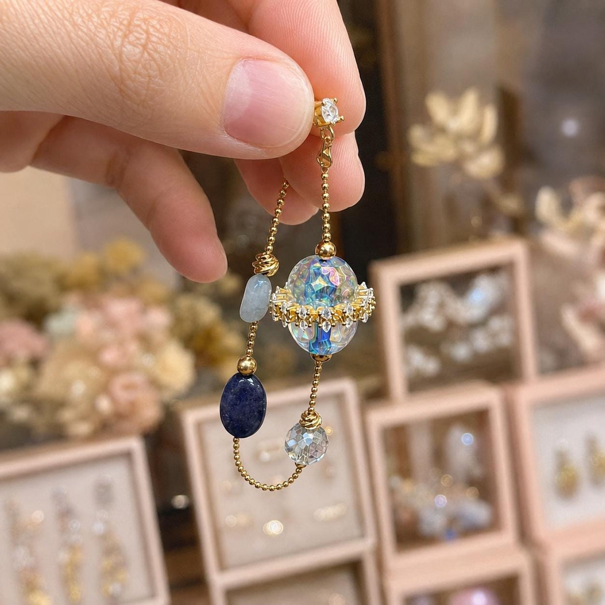 Iridescent Blue Dangle Earrings, Gold Butterfly Chain Earrings, Fairycore Crystal Drop Earrings, Handmade Beaded Jewelry Gift for Her