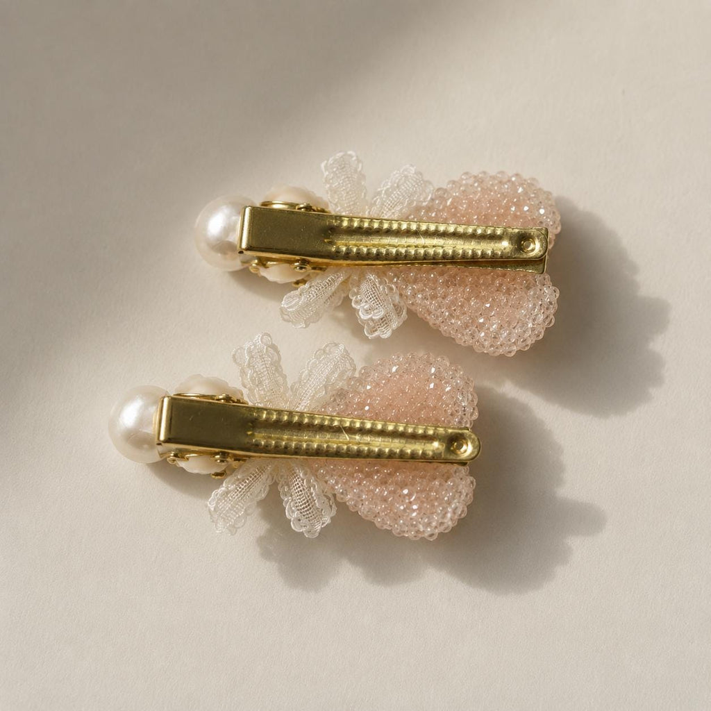 Peach Heart Lace Hair Clips Set of 2, Pearl Bow Barrettes, Beaded Coquette Hair Accessories, Gift for Her