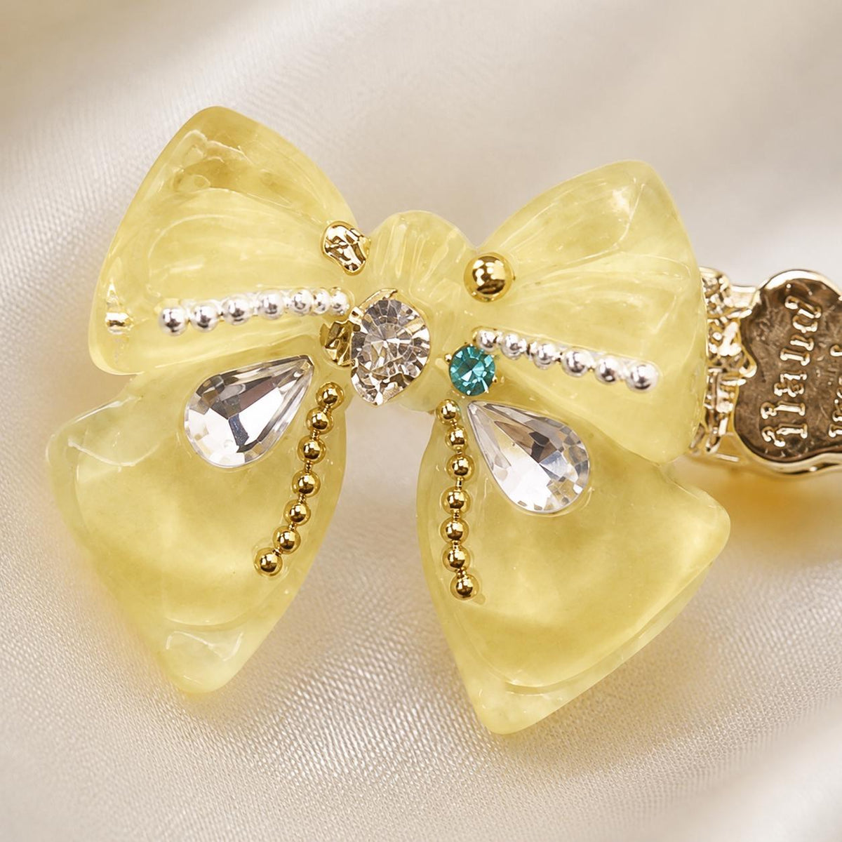 Yellow Bow Hair Clip, Marble Acetate Ribbon Barrette, Crystal Teardrop Alligator Pinch, Whimsical Y2K Coquette Preppy Hair Accessories