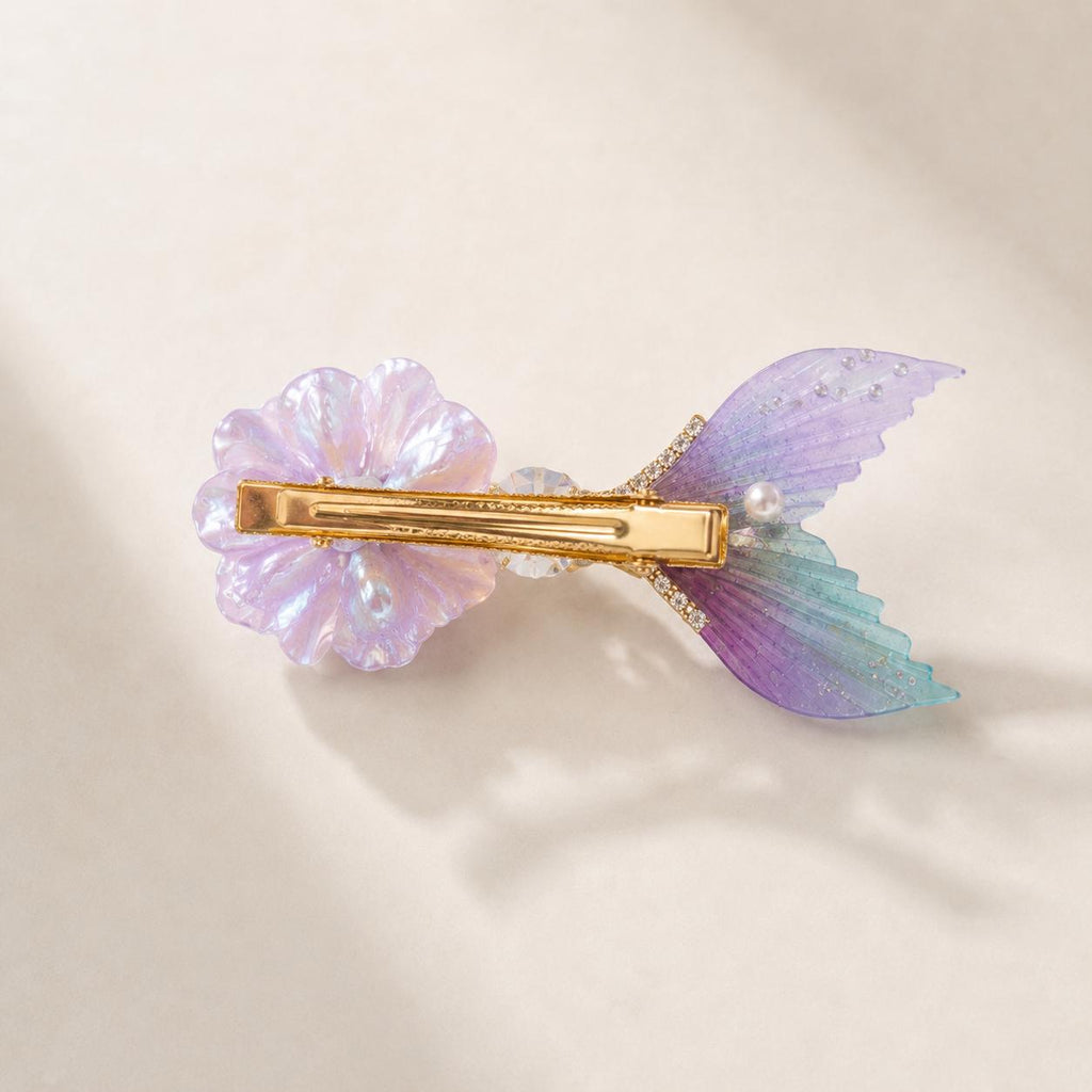 Purple Mermaid Tail Hair Clip, Flower Fish Tail Barrette, Iridescent Pearl Alligator Pinch, Whimsical Pastel Coastal Ocean Hair Accessories