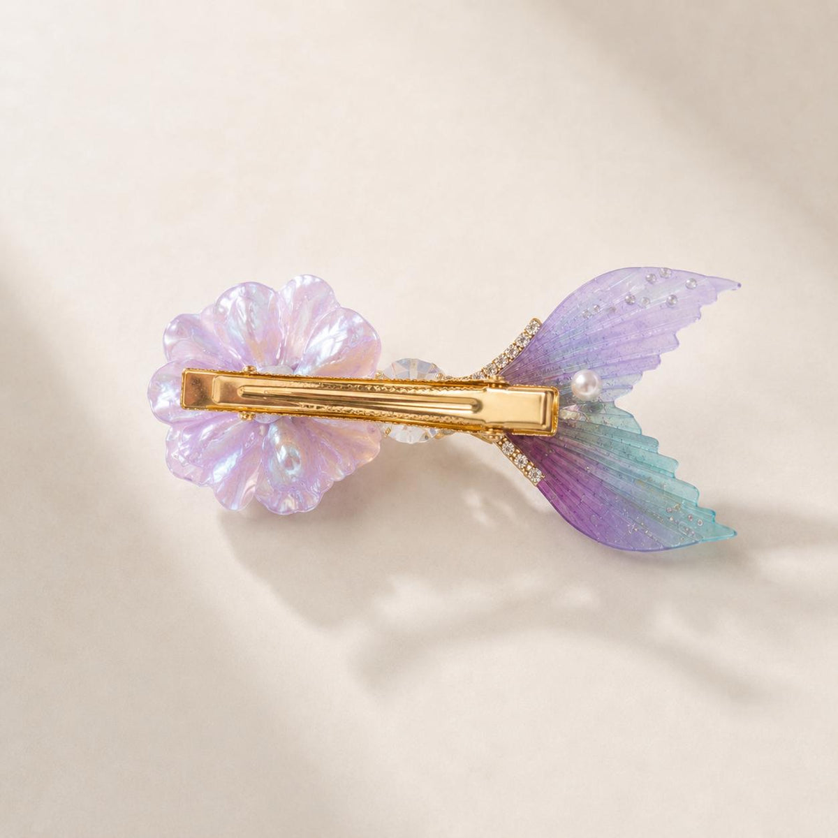 Purple Mermaid Tail Hair Clip, Flower Fish Tail Barrette, Iridescent Pearl Alligator Pinch, Whimsical Pastel Coastal Ocean Hair Accessories