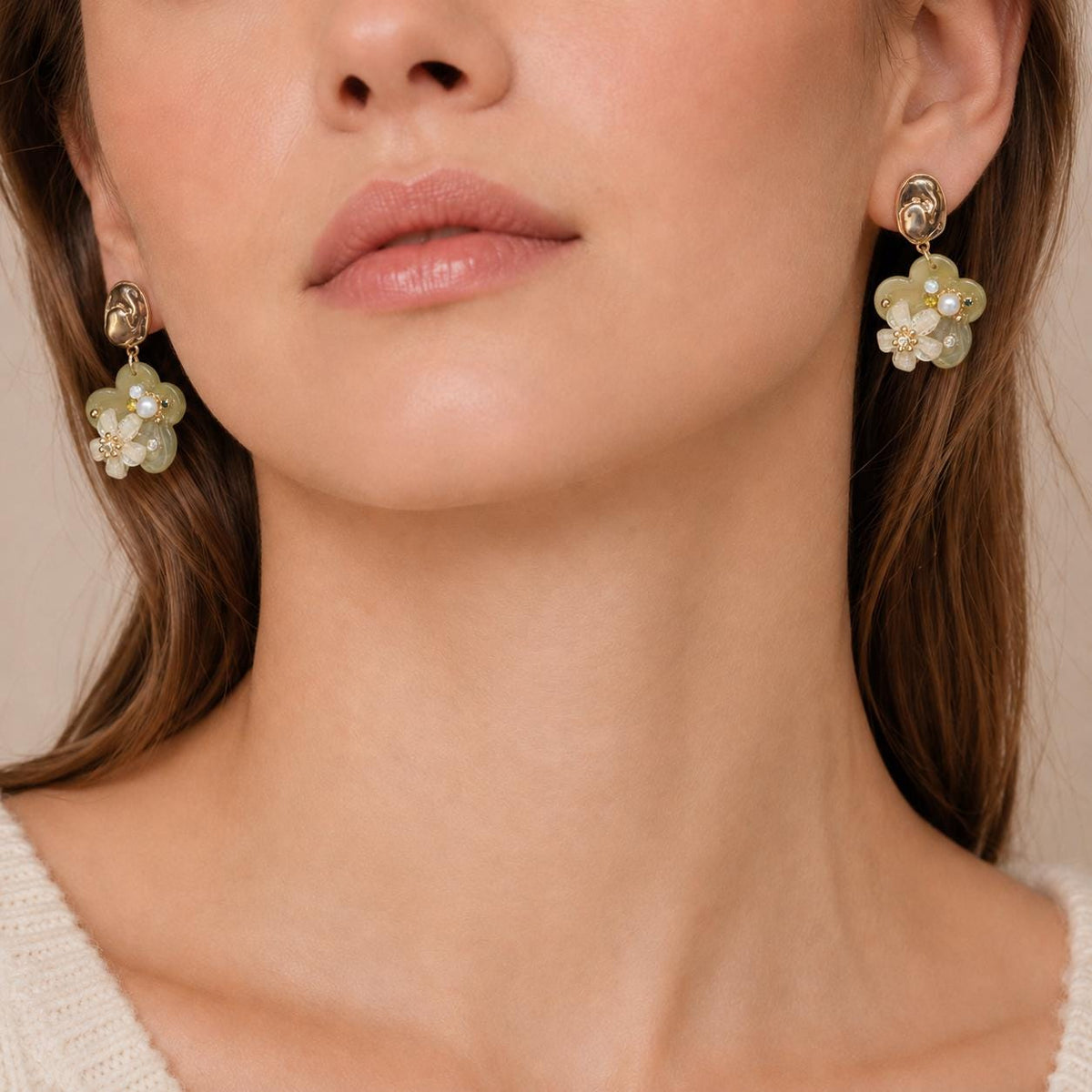 Olive Green Resin Flower Dangle Earrings, Textured Gold Geometric Studs, Botanical Statement Jewelry, Gift for Her