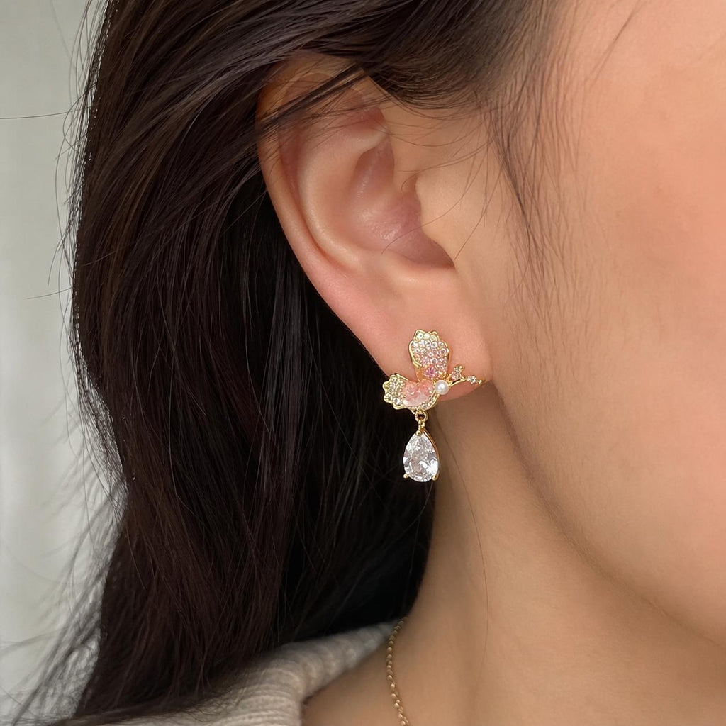 Gold Crystal Hummingbird Drop Earrings, Dainty Teardrop Stone Earrings, Minimalist Nature Jewelry, Bird Lover Gift for Her