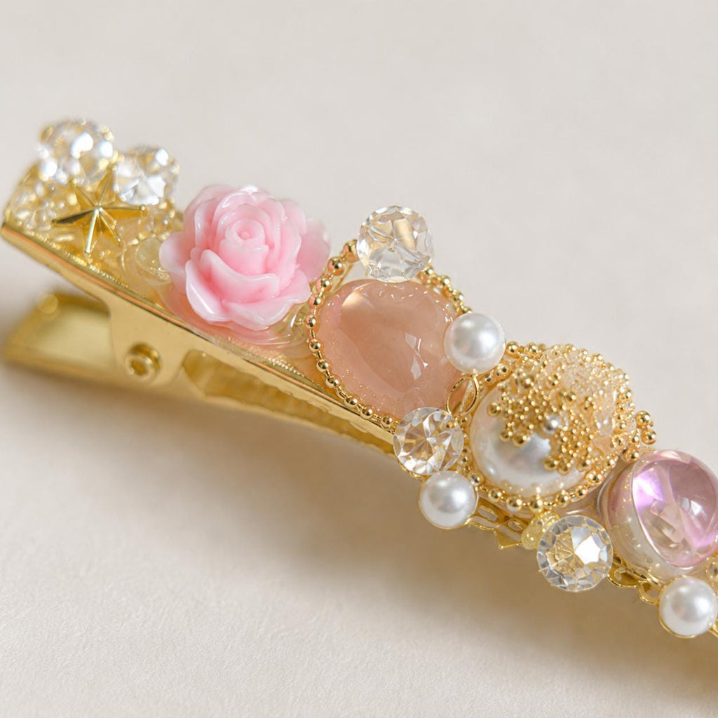 Gold Floral Pearl Hair Clip, Pink Rose Crystal Barrette, Romantic Coquette Hair Accessory, Gift for Her