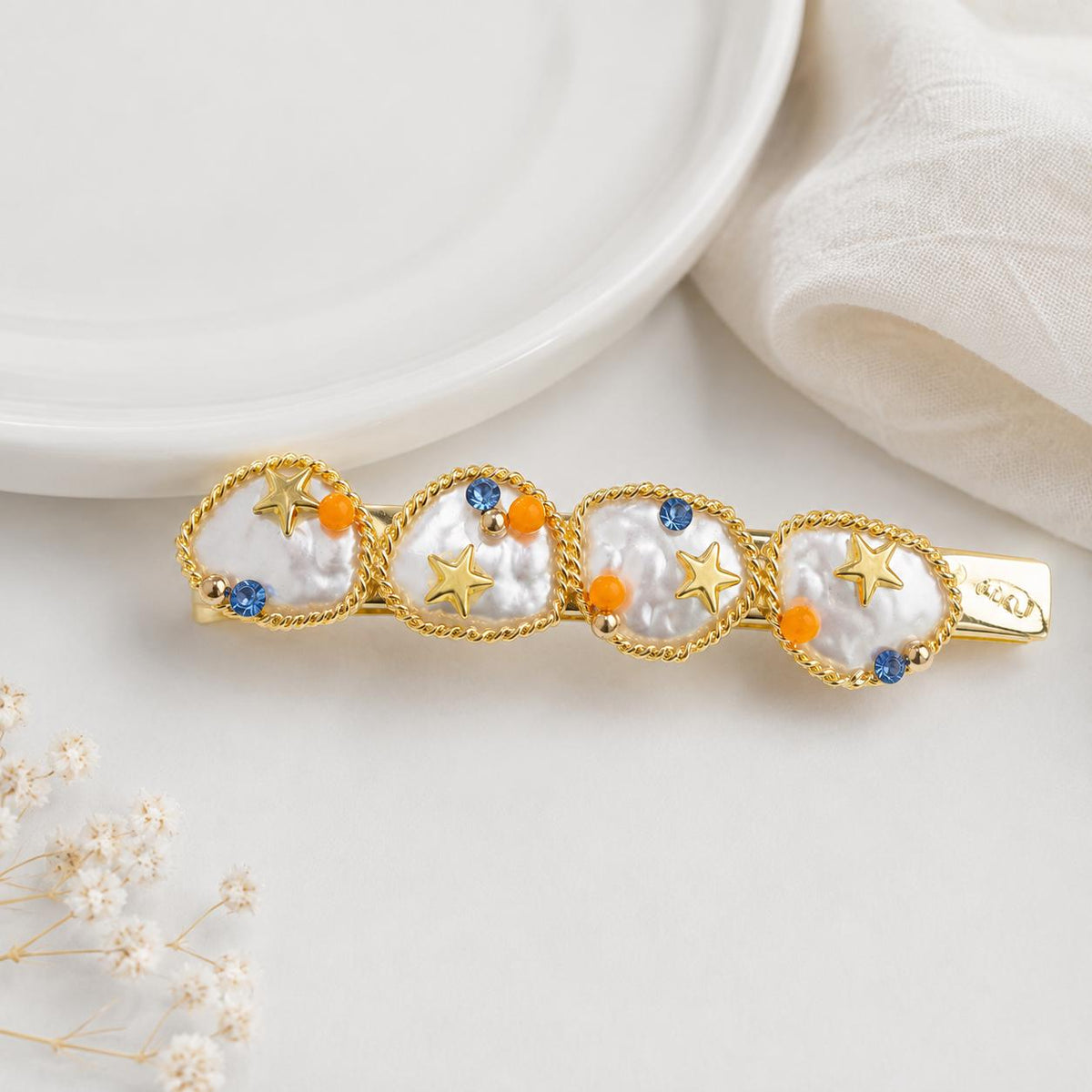 Baroque Pearl Star Hair Clip, Celestial Ocean Barrette, Orange Blue Crystal Mermaid Hair Accessory, Gift for Her