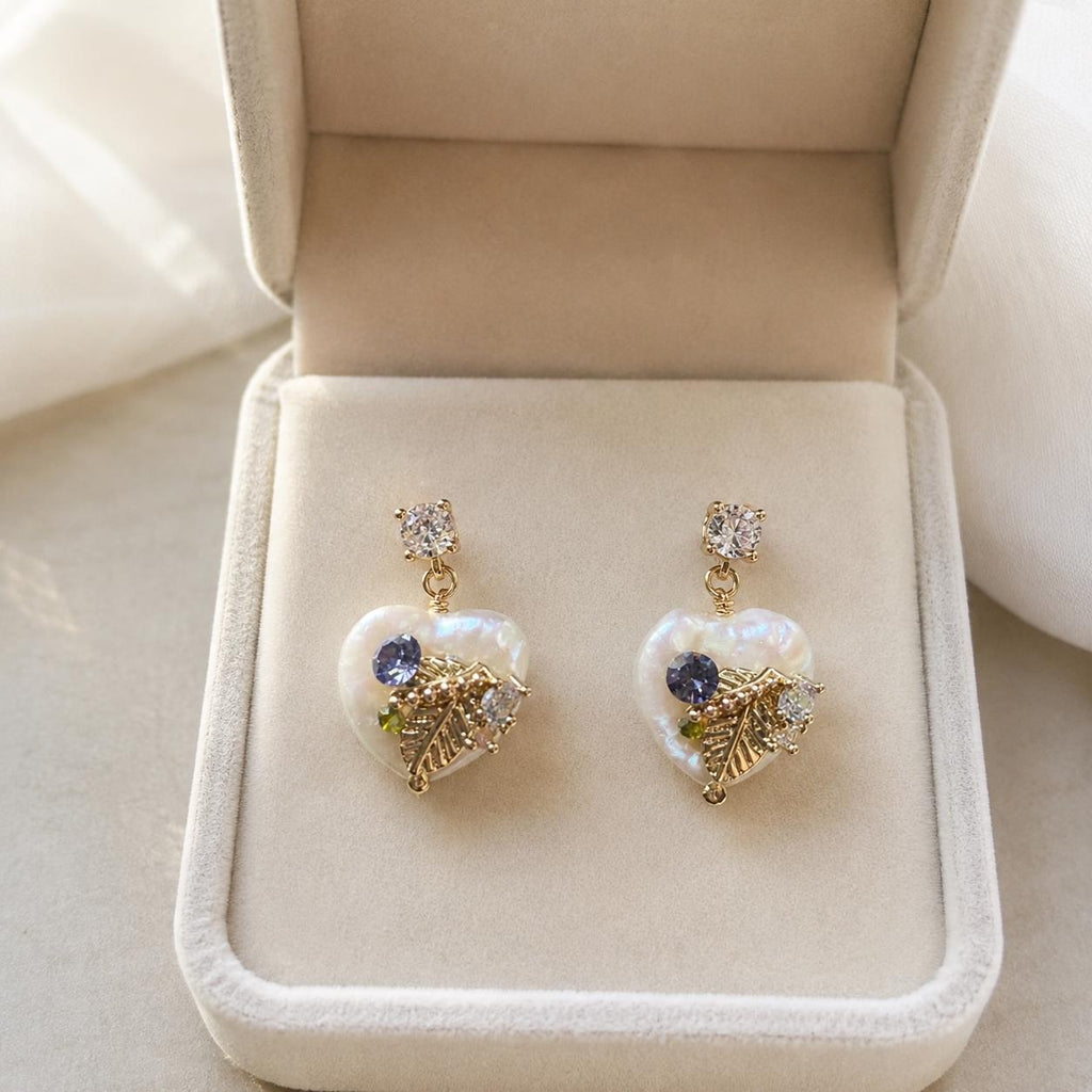 Baroque Pearl Heart Earrings, Gold Leaf Dangle Earrings, Lilac Crystal Stud Earrings, Botanical Statement Jewelry, Gift for Her