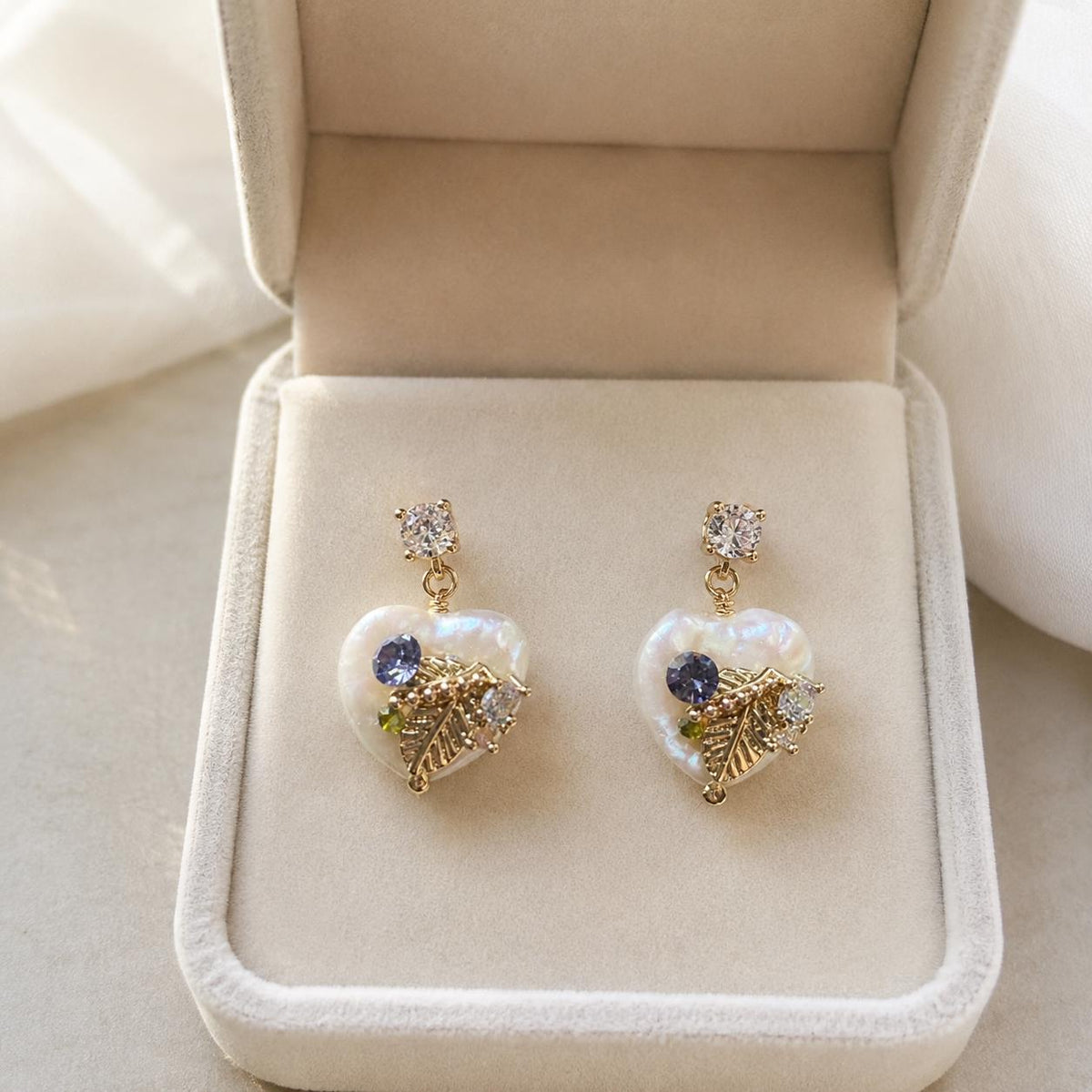 Baroque Pearl Heart Earrings, Gold Leaf Dangle Earrings, Lilac Crystal Stud Earrings, Botanical Statement Jewelry, Gift for Her