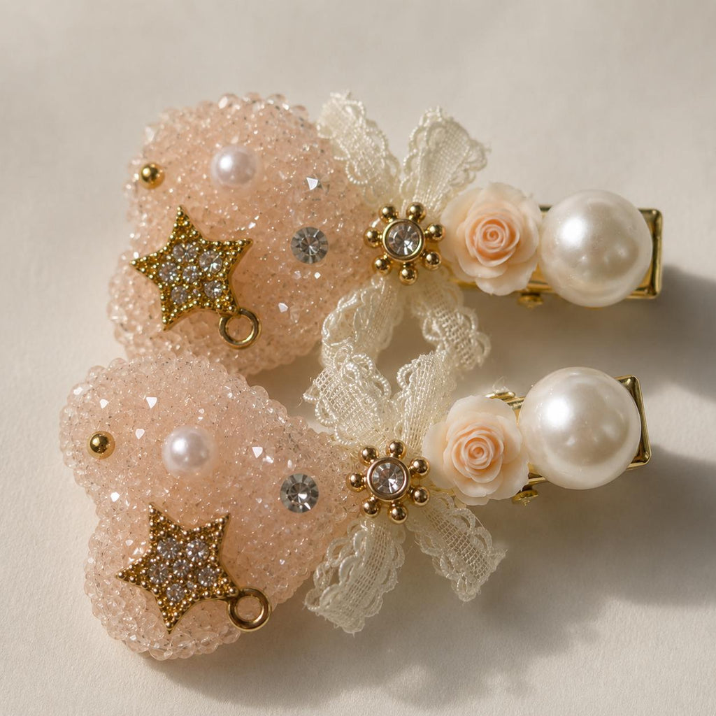 Peach Heart Lace Hair Clips Set of 2, Pearl Bow Barrettes, Beaded Coquette Hair Accessories, Gift for Her