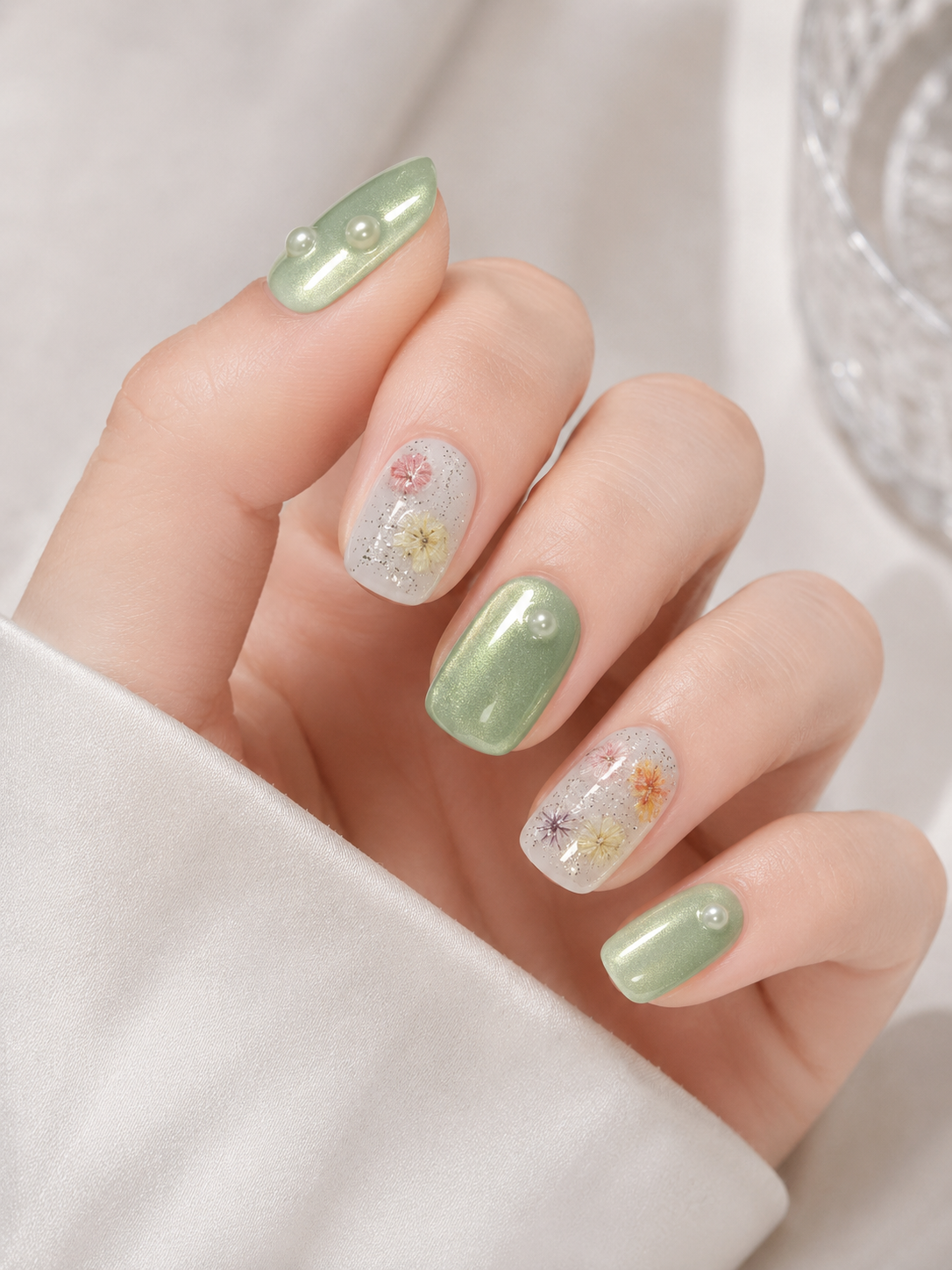 Pastel Green Cat Eye & Flower Fairy | Short Square Press-Ons No.8