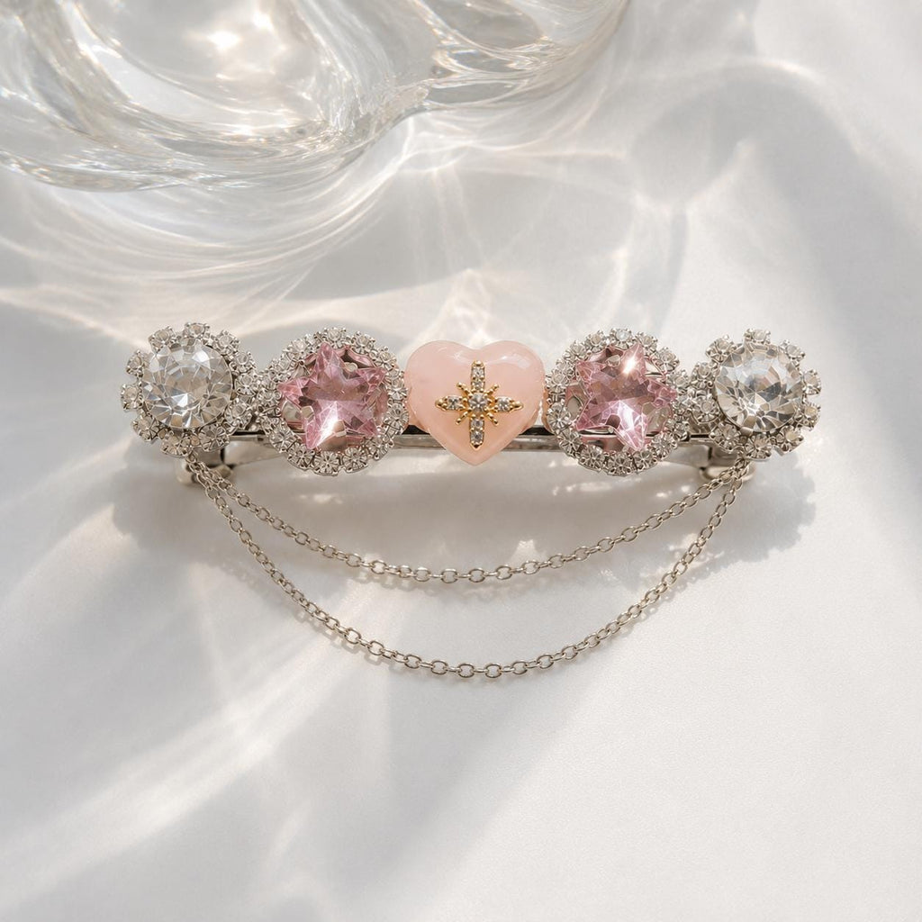 Pink Heart Star Hair Clip, Silver Chain Barrette, Pastel Rhinestone Medallion Pinch, Whimsical Y2K Celestial Magical Girl Accessories