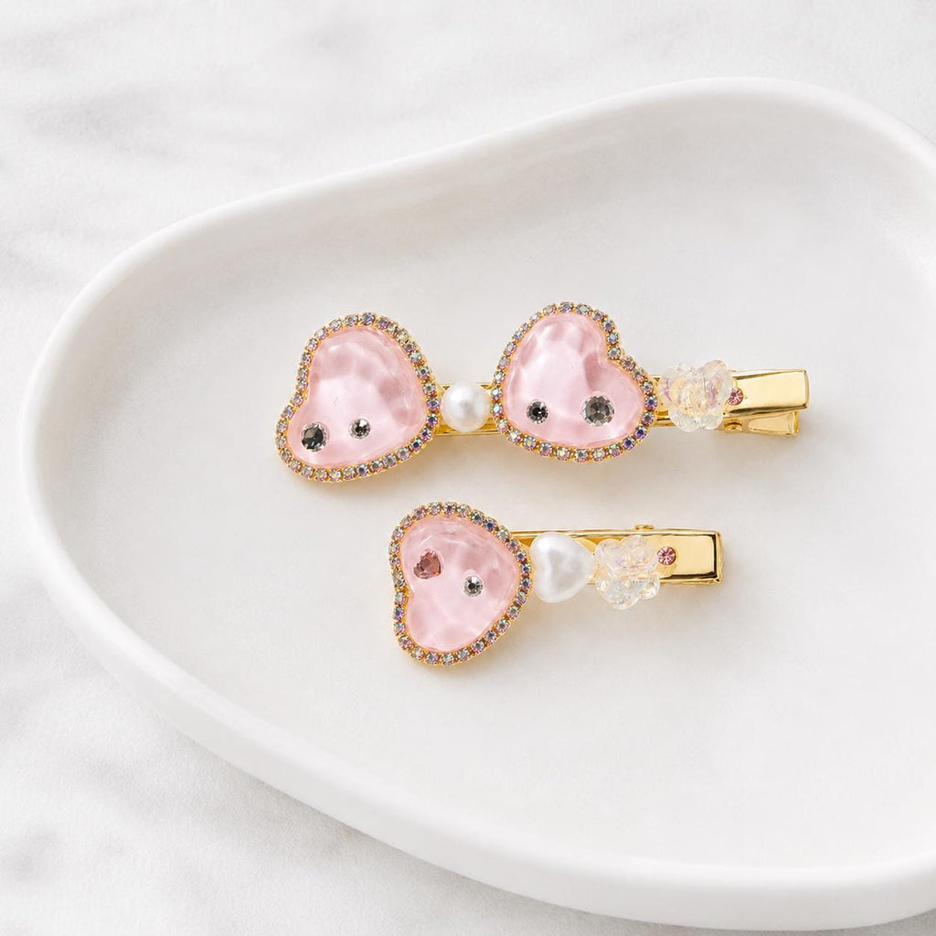 Pink Resin Heart Hair Clips, AB Rhinestone Bow Barrette Set, Pastel Butterfly Pearl Pinch