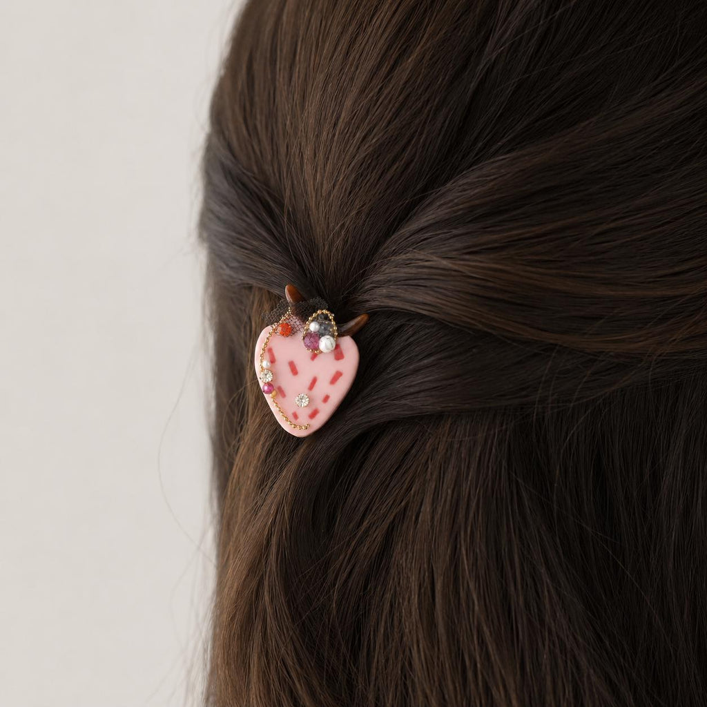 Strawberry Hair Clip, Pink Demon Horns Barrette, Pastel Goth Harajuku Hair Accessory, Cute Gift for Her