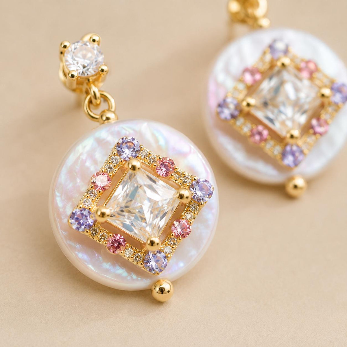 Gold Byzantine Pearl Stud Earrings, Lavender and Pink Crystal Halo Dangles, Art Deco Geometric Statement Jewelry, Gift for Her