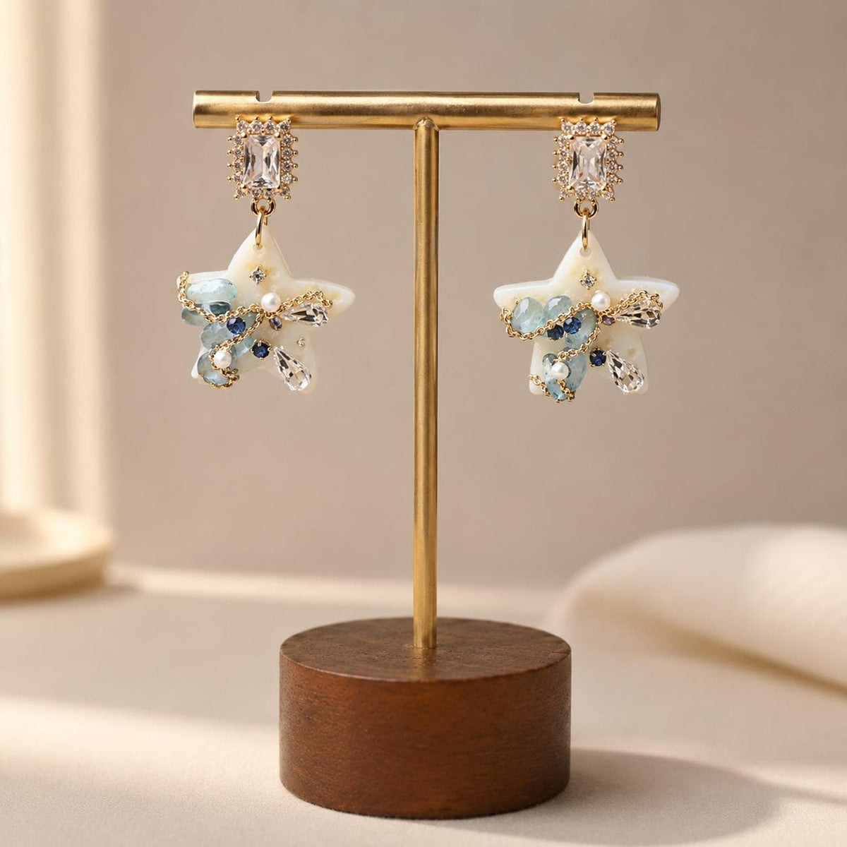 Starfish Pearl Drop Earrings, Emerald Crystal Stud Earrings, Aquamarine Ocean Inspired Jewelry, Beach Gift for Her