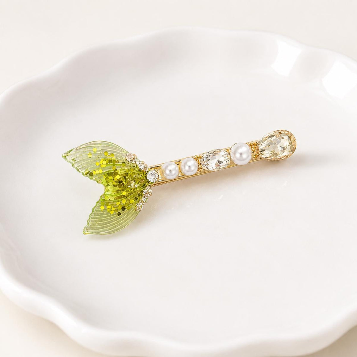 Lime Green Mermaid Tail Hair Clip, Glitter Fish Tail Barrette, Chrysolite Crystal Alligator Pinch, Whimsical Coastal Ocean Jewelry
