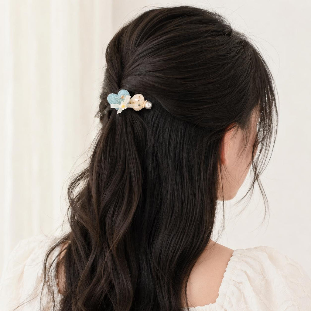 Blue Seashell Heart Hair Clip, Pearl Mermaidcore Hair Barrette, Coquette Ocean Hair Accessory, Summer Beach Gift for Her