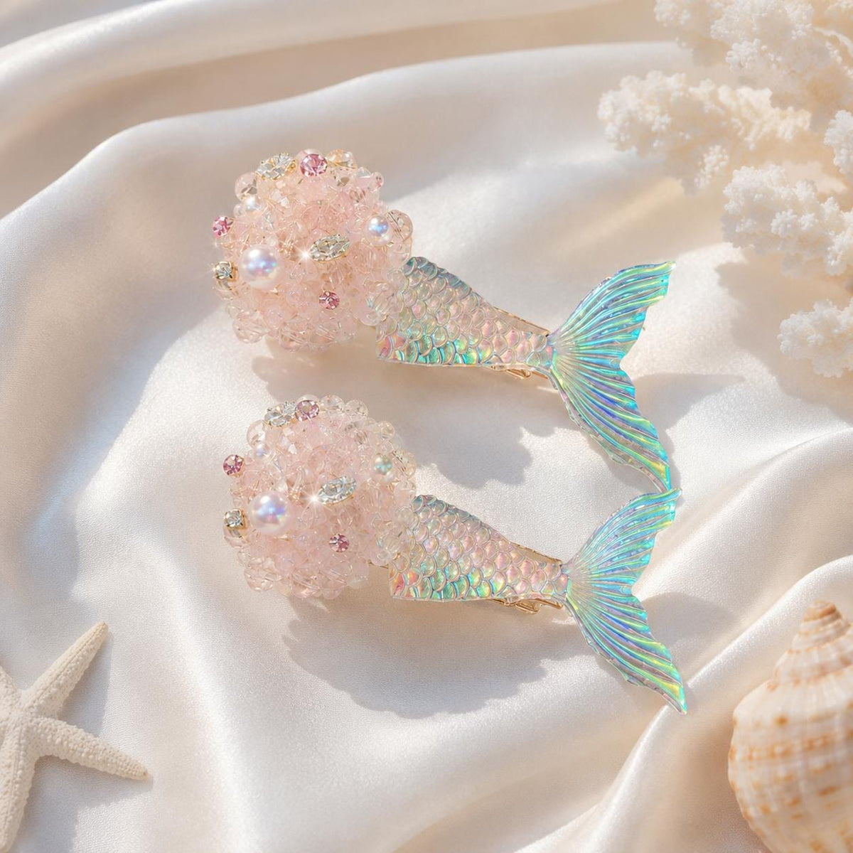 Pink Mermaid Tail Clips, Iridescent Fish Tail Barrette Set, Beaded Pearl Alligator Pinch, Whimsical Coastal Ocean Vacation Accessories