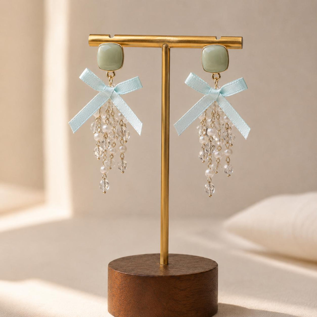 Sage Green Bow Earrings, Mint Tassel Dangle Earrings, Pearl Crystal Square Studs, Coquette Statement Jewelry, Gift for Her