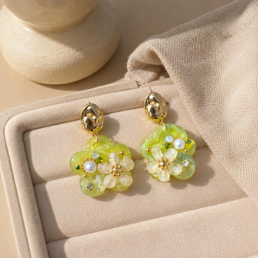 Olive Green Resin Flower Dangle Earrings, Textured Gold Geometric Studs, Botanical Statement Jewelry, Gift for Her