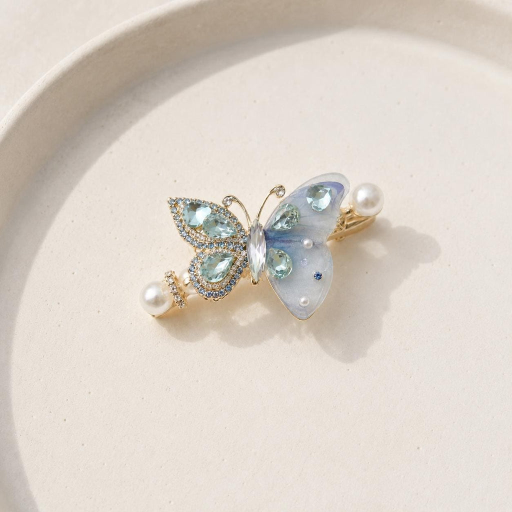 Pastel Blue Butterfly Hair Clip, Aquamarine Crystal Pearl Barrette, Elven Fairycore Mermaid Jewelry
