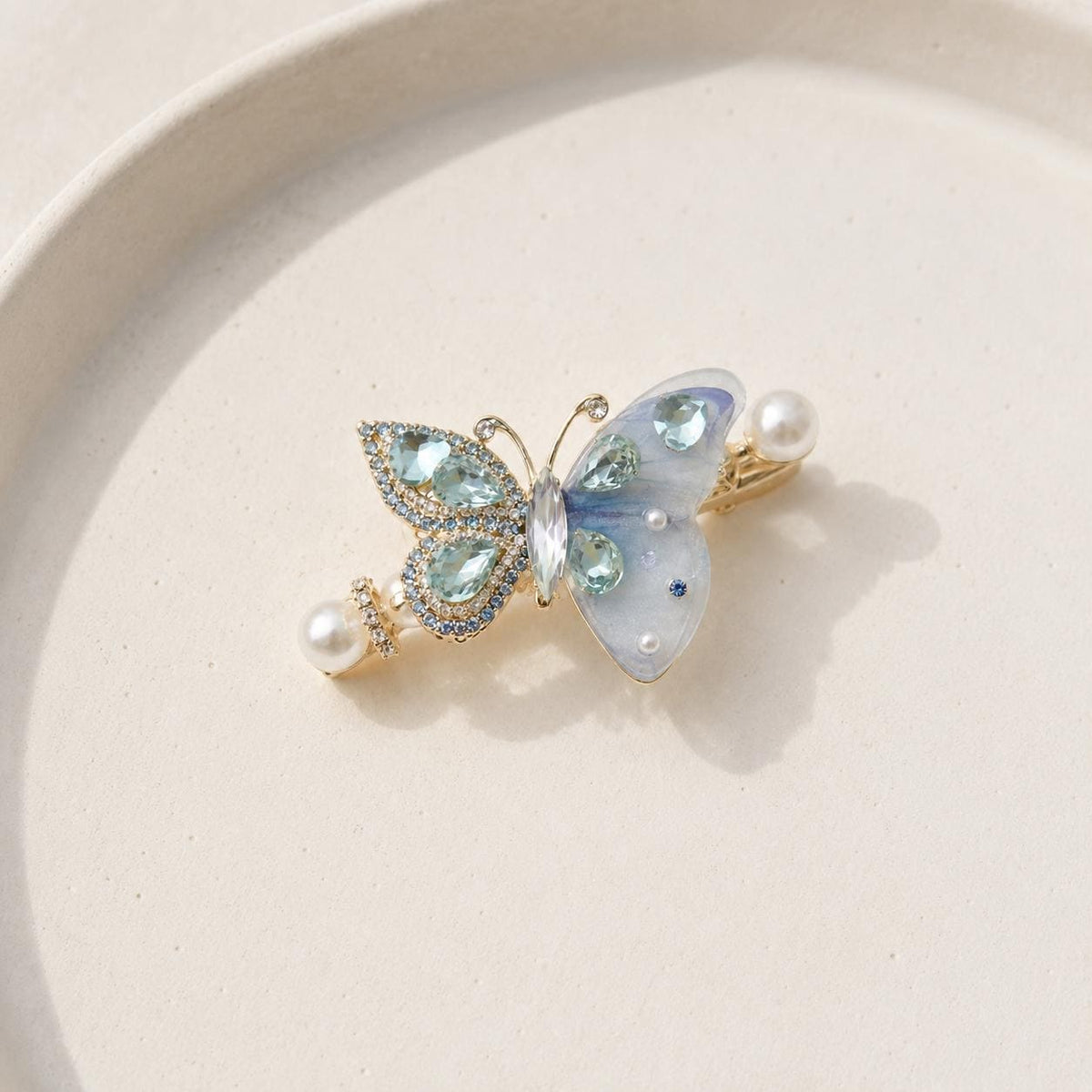 Pastel Blue Butterfly Hair Clip, Aquamarine Crystal Pearl Barrette, Elven Fairycore Mermaid Jewelry