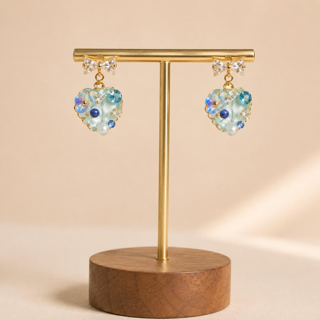 Mint Green Heart Earrings, Dainty Gold Bow Studs, Blue Crystal Pearl Heart Charms, Whimsical Shimmering Jewelry, Romantic Gift for Her