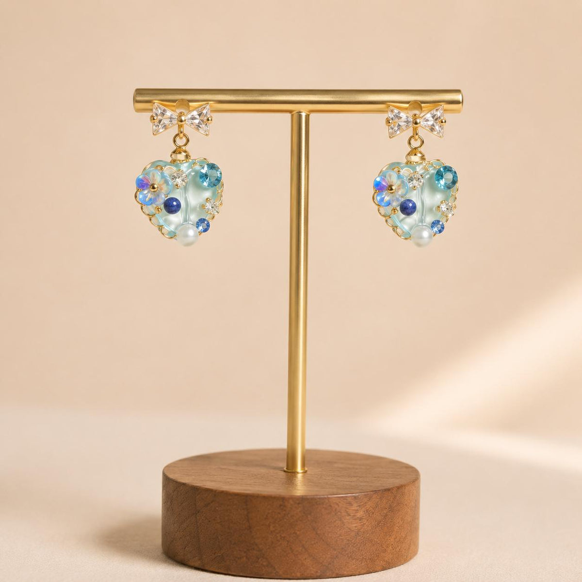 Mint Green Heart Earrings, Dainty Gold Bow Studs, Blue Crystal Pearl Heart Charms, Whimsical Shimmering Jewelry, Romantic Gift for Her