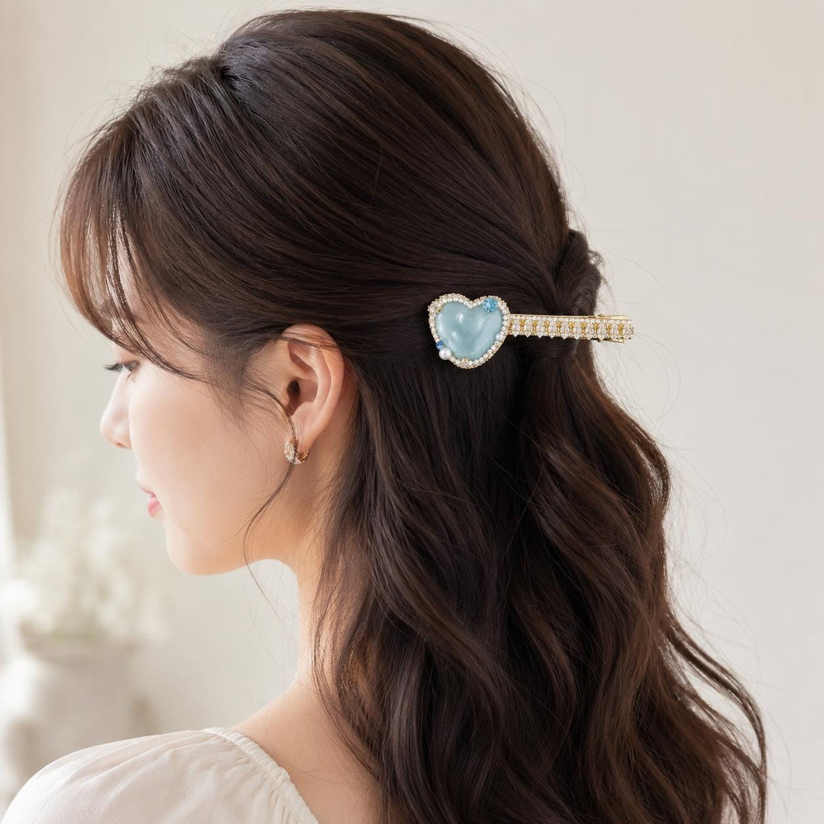 Mint Blue Heart Hair Clip, Marquise Crystal Barrette, Blue Gem Alligator Clip, Coquette Hair Accessory, Gift for Her