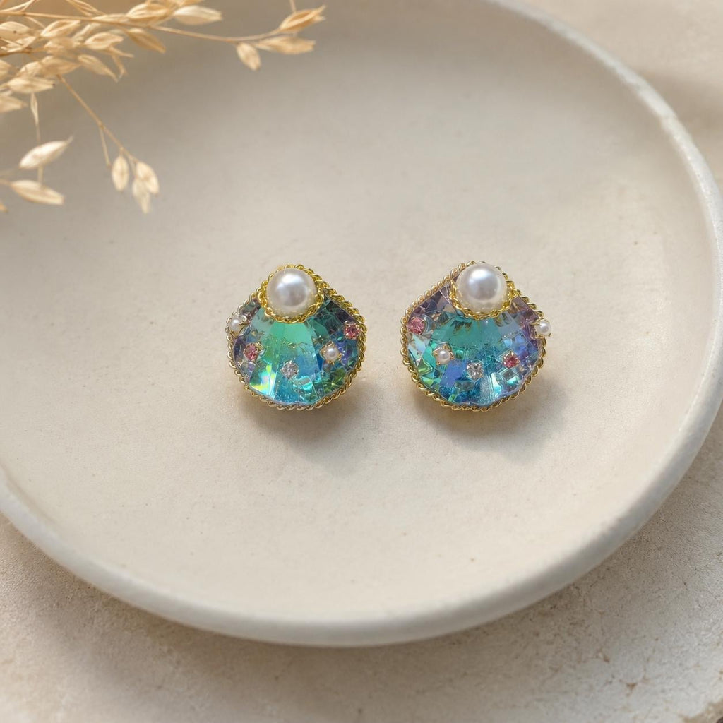 Holographic Seashell Dangle Earrings, Pearl Aurora Glass Earrings, Mermaidcore Ocean Jewelry, Gift for Her