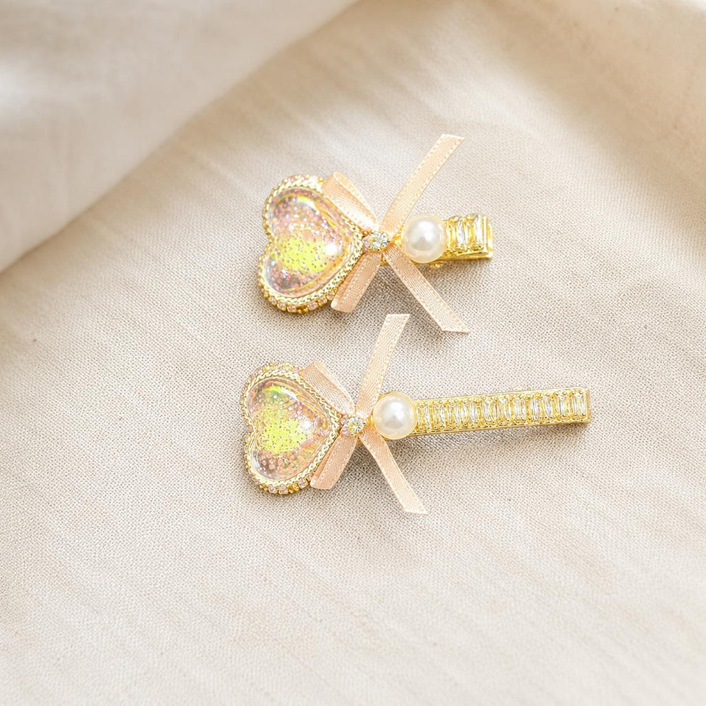 Gold Glitter Heart Bow Hair Clip Set, Baguette Crystal Barrettes, Pearl Alligator Clips, Cute Coquette Hair Accessories, Gift for Her