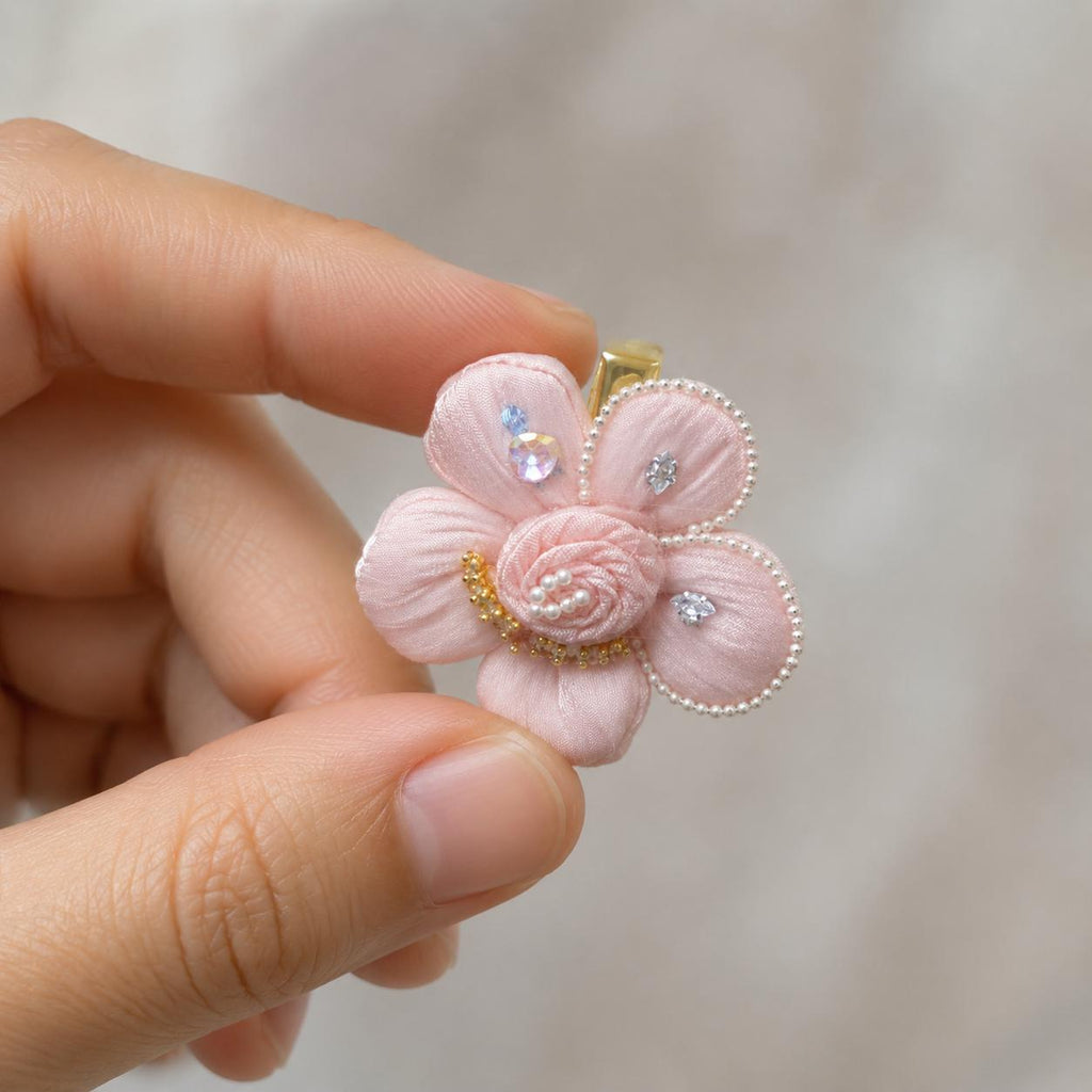 Pink Fabric Flower Hair Clip, Pleated Floral Barrette, Pearl Crystal Coquette Hair Accessory, Gift for Her