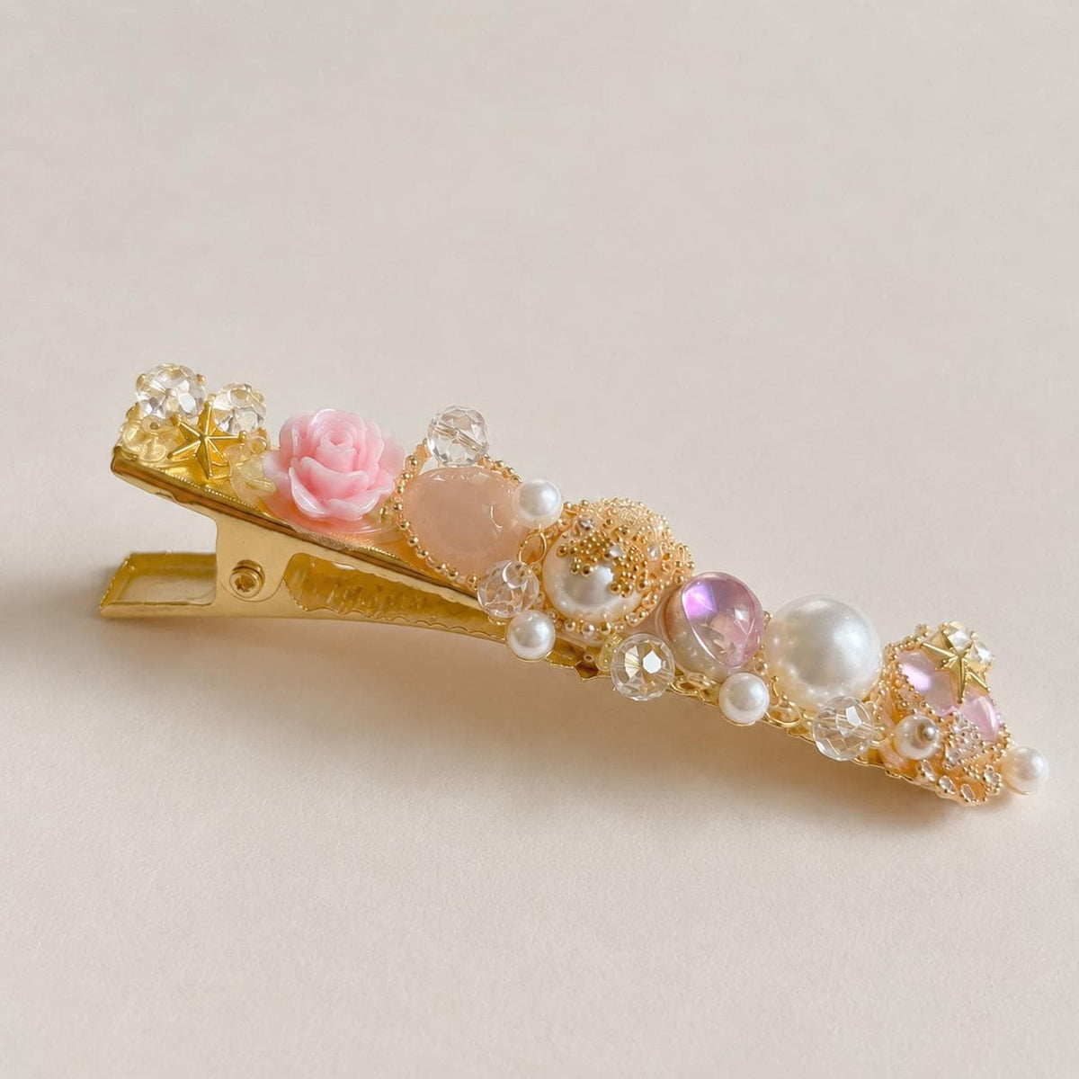 Gold Floral Pearl Hair Clip, Pink Rose Crystal Barrette, Romantic Coquette Hair Accessory, Gift for Her