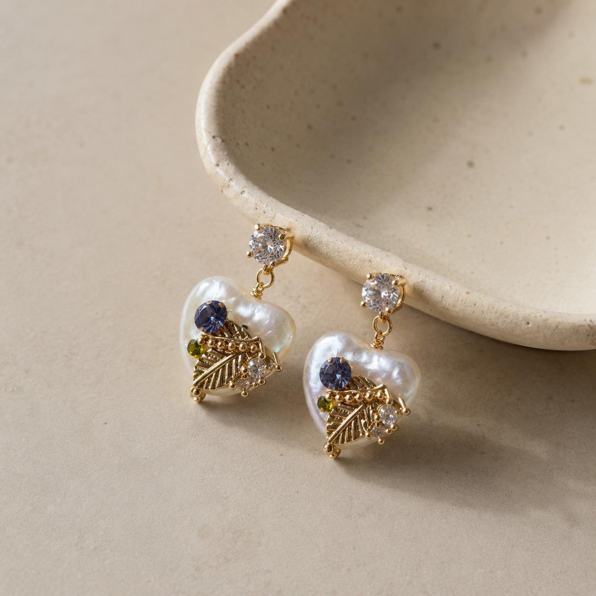 Baroque Pearl Heart Earrings, Gold Leaf Dangle Earrings, Lilac Crystal Stud Earrings, Botanical Statement Jewelry, Gift for Her