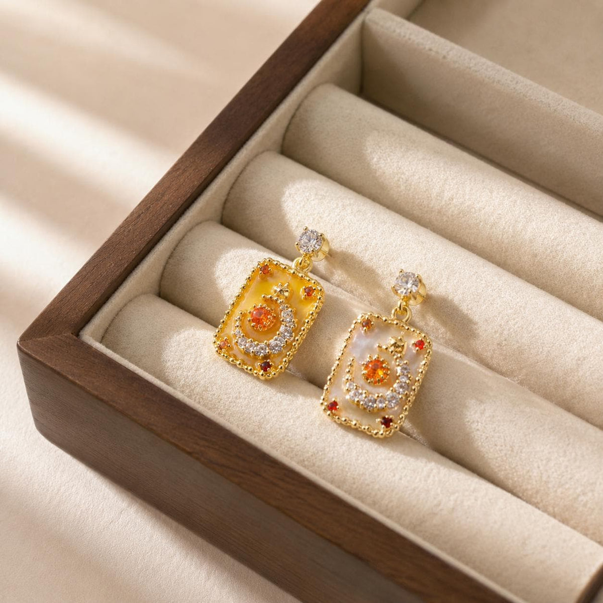 Amber Yellow Mismatched Sun Moon Earrings, Pearl Celestial Dangle Earrings, Baroque Vintage Intaglio Jewelry, Gift for Her