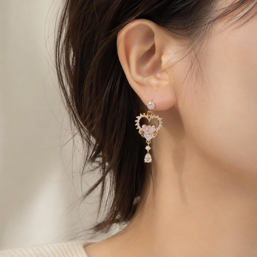 Double Heart Crystal Earrings, Romantic French Coquette Dangles, Sparkling Heart Jewelry, Gift for Her