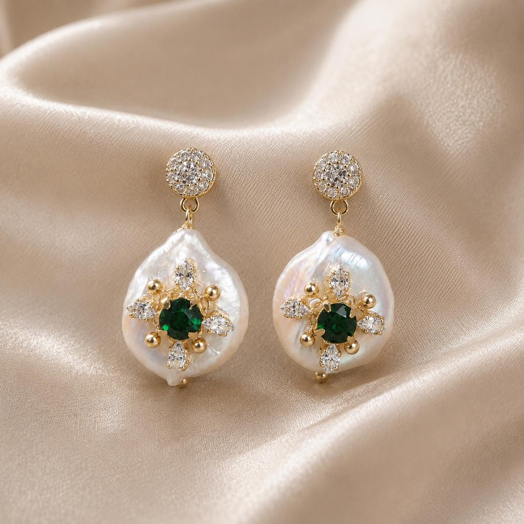 Baroque Pearl Drop Earrings, Emerald Green Crystal Starburst Dangles, Antique Gold Stud Earrings, Vintage Statement Jewelry, Gift for Her