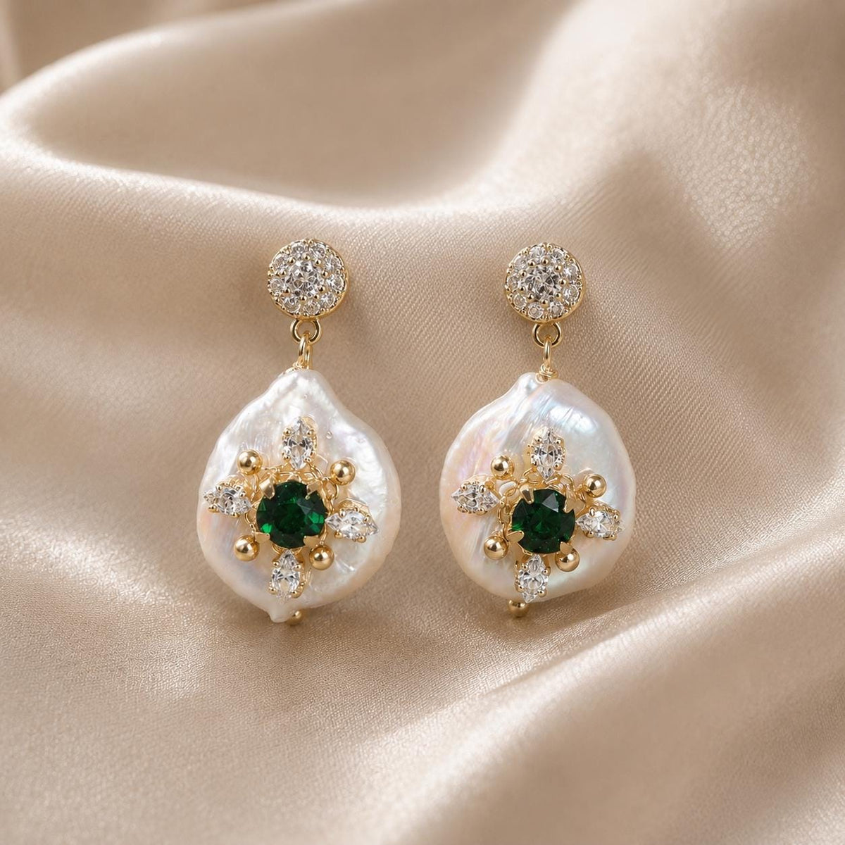 Baroque Pearl Drop Earrings, Emerald Green Crystal Starburst Dangles, Antique Gold Stud Earrings, Vintage Statement Jewelry, Gift for Her