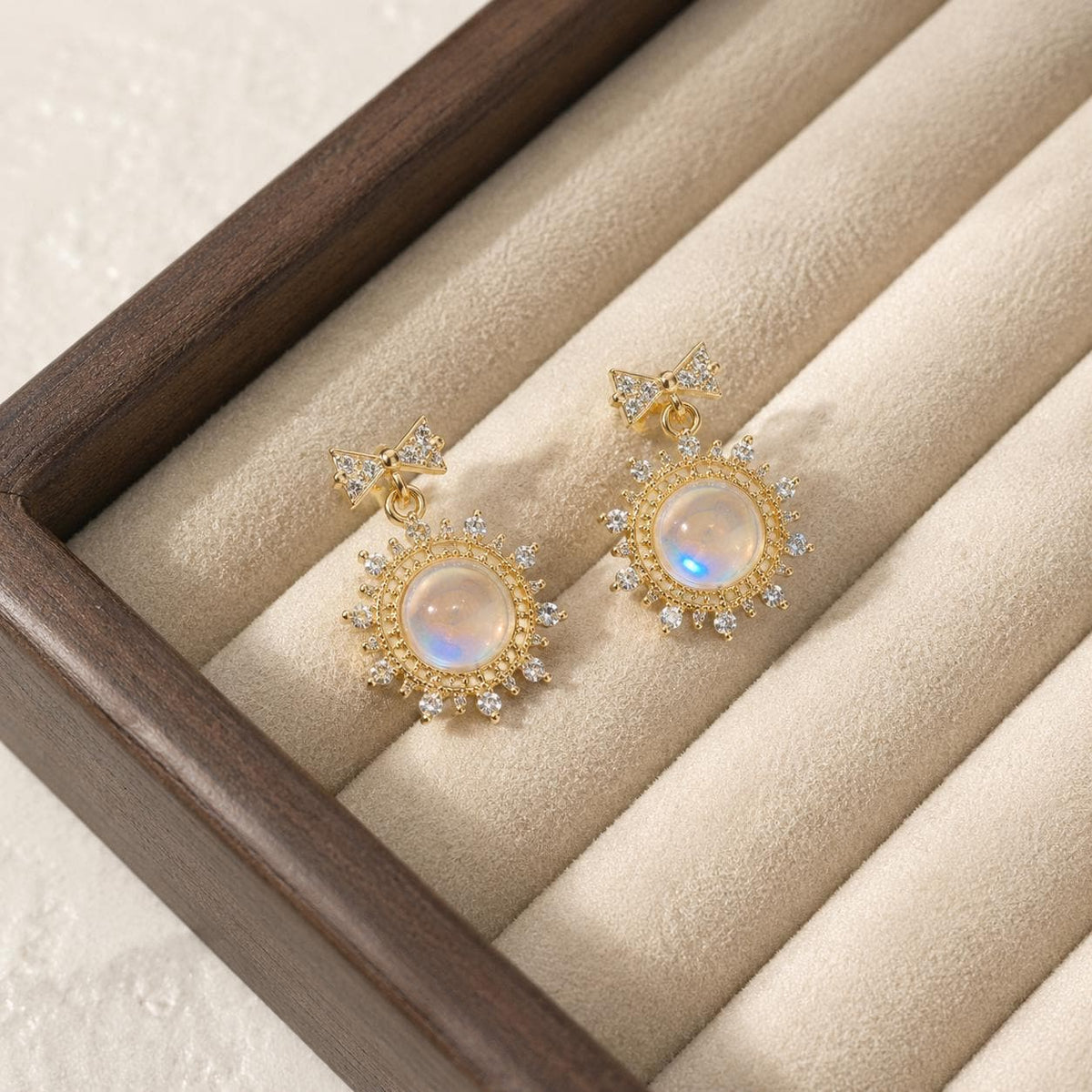 Iridescent Aurora Cabochon Earrings, Gold Bow Stud Earrings, Celestial Sunburst Statement Jewelry, Witchy Gift for Her