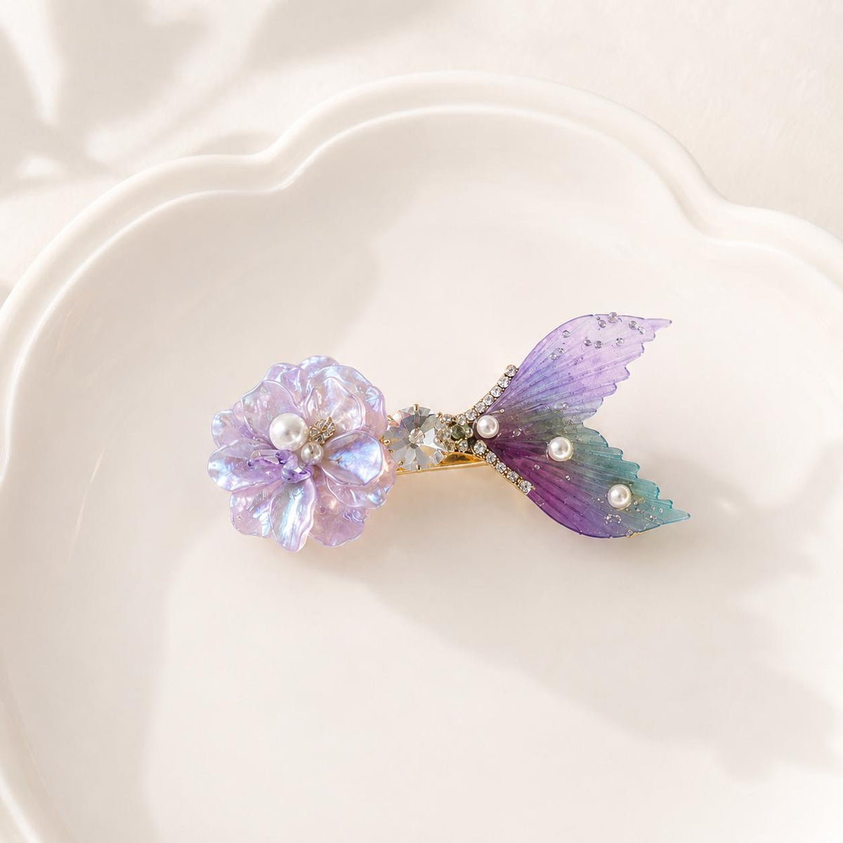 Purple Mermaid Tail Hair Clip, Flower Fish Tail Barrette, Iridescent Pearl Alligator Pinch, Whimsical Pastel Coastal Ocean Hair Accessories