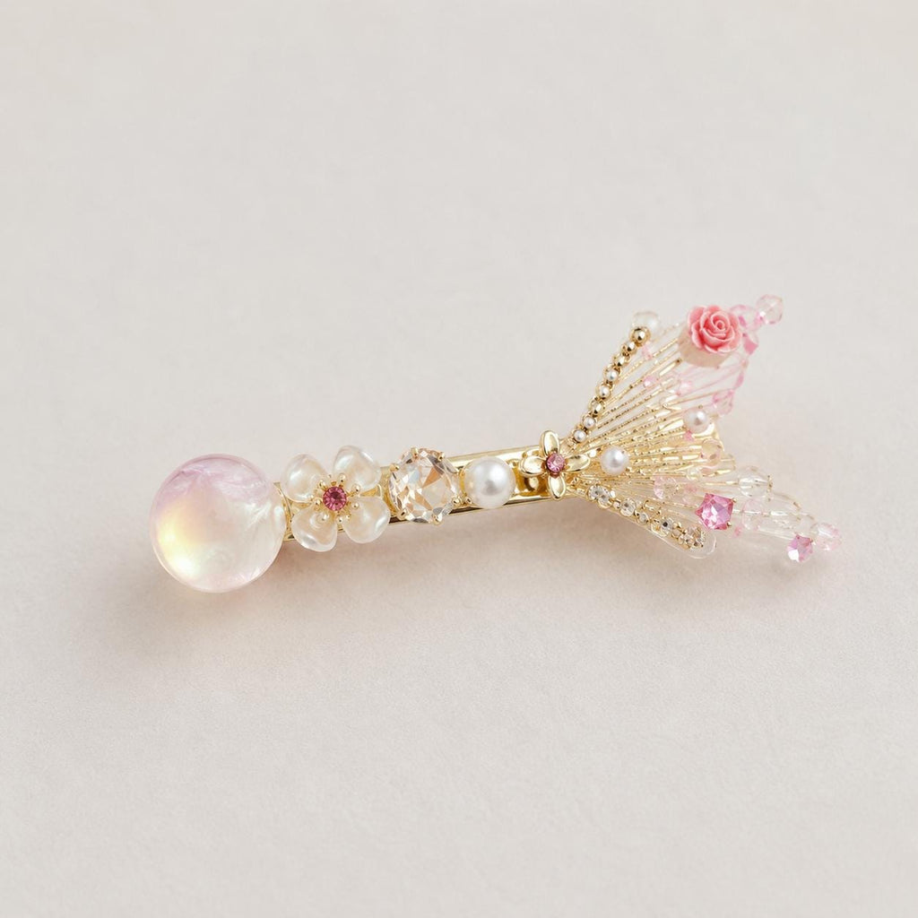Mermaid Tail Hair Clip, Pink Rose Crystal Barrette, Aurora Coquette Hair Accessory, Cute Gift for Her