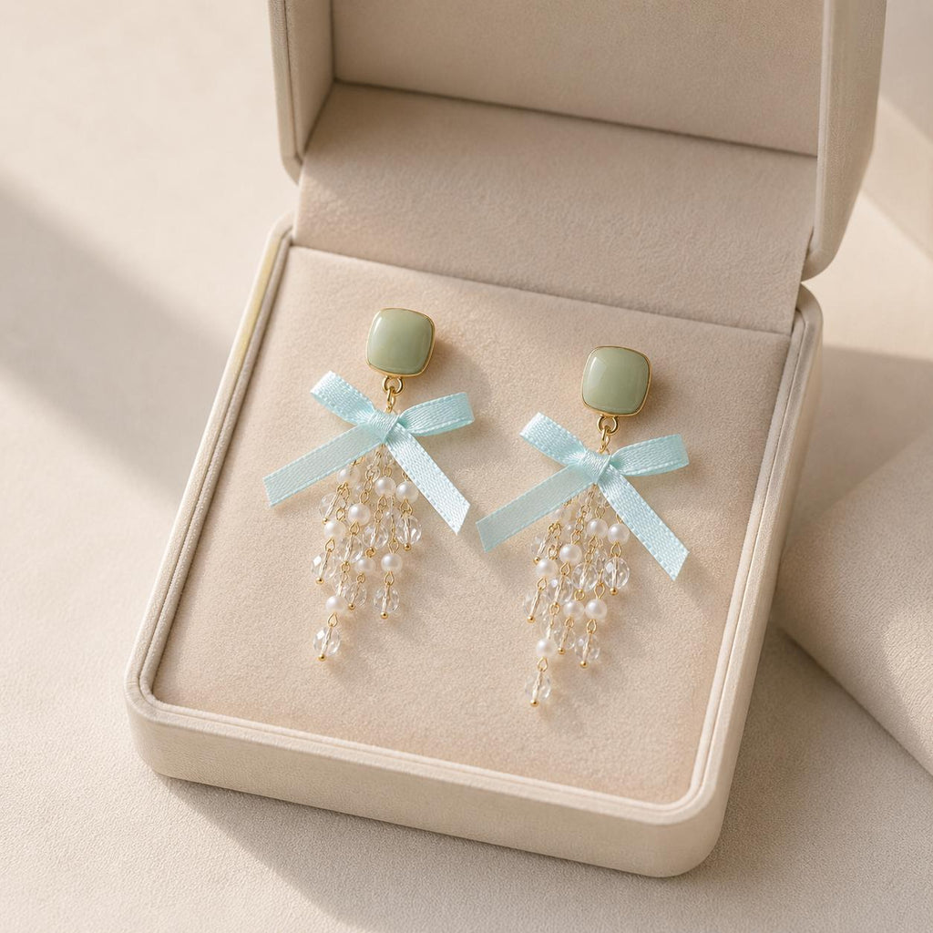 Sage Green Bow Earrings, Mint Tassel Dangle Earrings, Pearl Crystal Square Studs, Coquette Statement Jewelry, Gift for Her