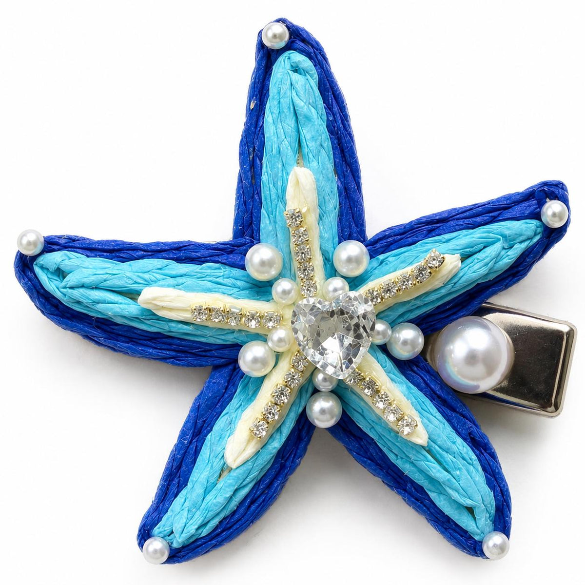 Blue Starfish Hair Clip, Crystal Heart Pearl Hair Barrette, Coastal Ocean Hair Accessory, Beach Gift for Her