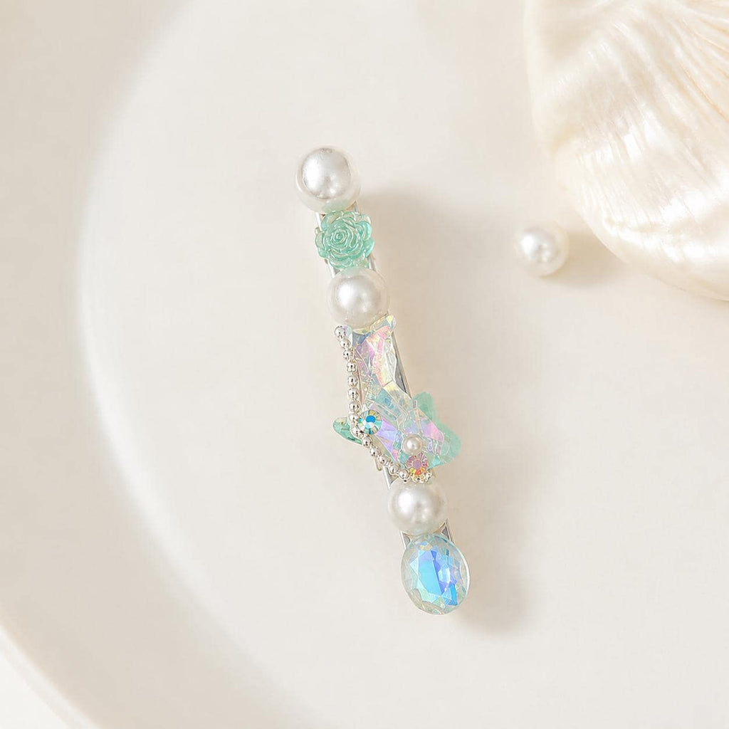Aurora Mermaid Hair Clip, Mint Rose Pearl Barrette, Holographic Crystal Alligator Clip, Coquette Ocean Gift for Her