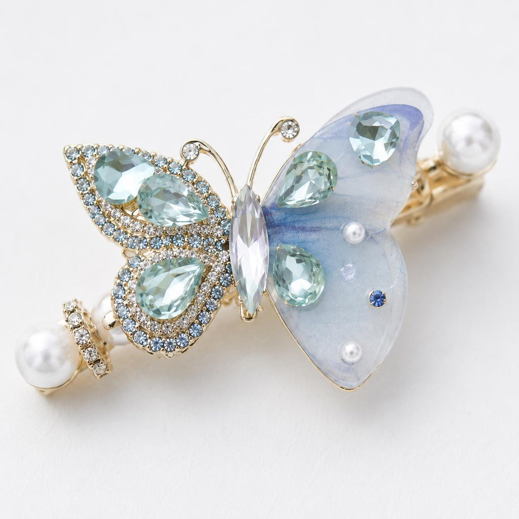 Pastel Blue Butterfly Hair Clip, Aquamarine Crystal Pearl Barrette, Elven Fairycore Mermaid Jewelry